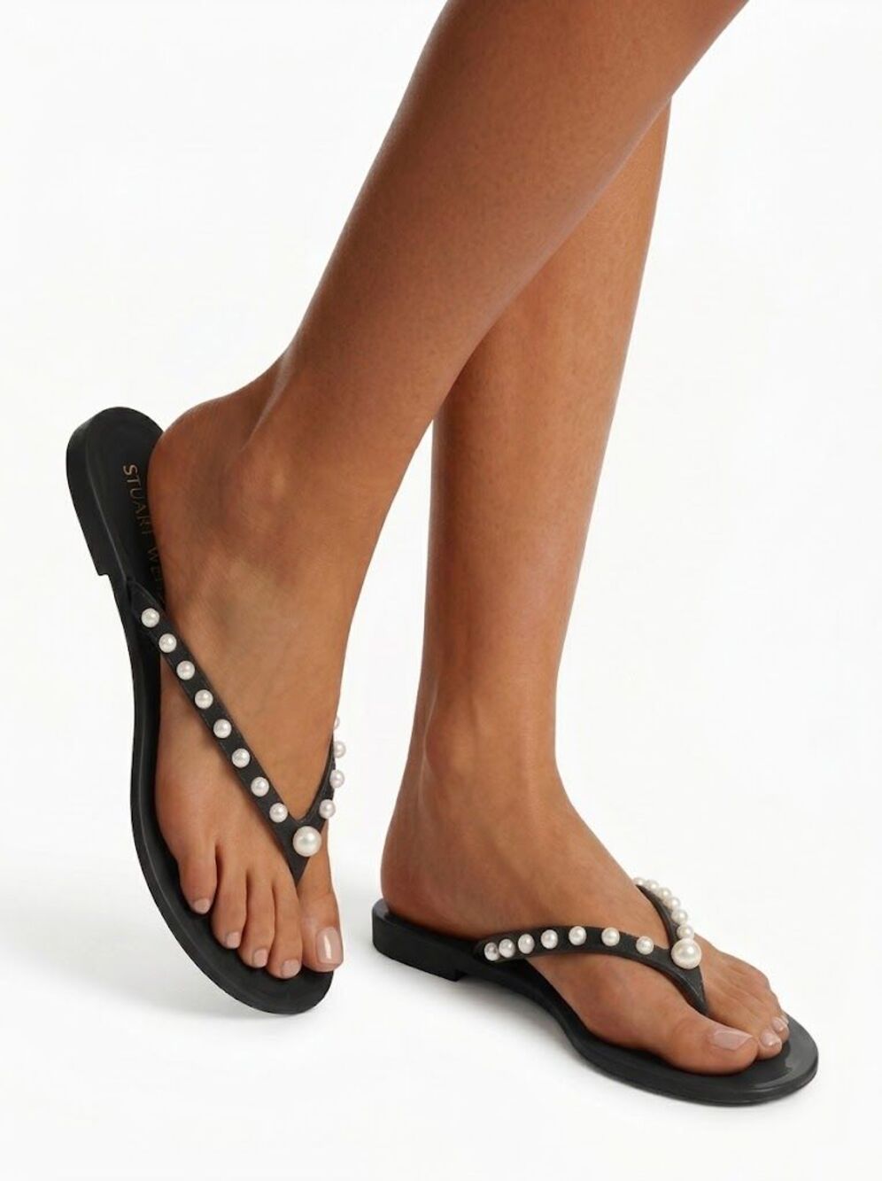 Stuart Weitzman Goldie Pearl Embellished Jelly Flip Flop Sandals Black 7B NWOB